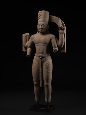 Lot 235 - A LARGE AND IMPRESSIVE SANDSTONE FIGURE OF HARIHARA, PRE-ANGKORIAN PERIOD, PHNOM DA STYLE