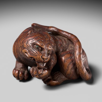 Lot 136 - KOKEI: A SPIRITED WOOD NETSUKE OF A TIGER GROOMING ITSELF