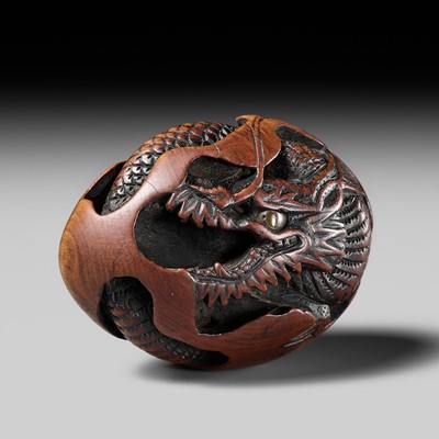 Lot 163 - NAITO TOYOMASA: A SUPERB WOOD NETSUKE OF A DRAGON EMERGING FROM AN EGG