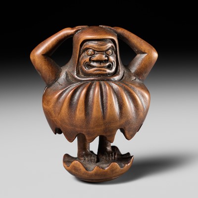 Lot 466 - A FINE WOOD NETSUKE OF A PUMPKIN DARUMA