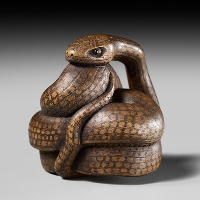 Lot 123 - MASASHIGE: A FINE WOOD NETSUKE OF A SNAKE