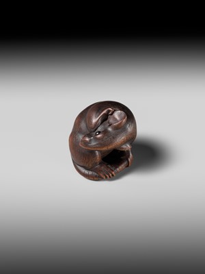 Lot 149 - MASAKAZU: A MASTERFUL WOOD NETSUKE OF A RAT GROOMING ITSELF