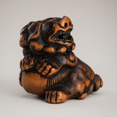 Lot 1347 - A POWERFUL WOOD NETSUKE OF A SHISHI WITH BALL