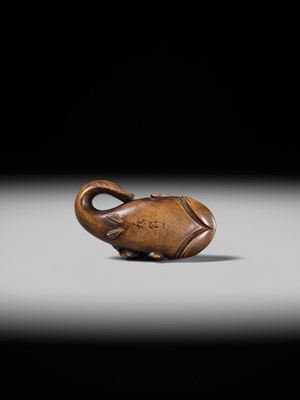 Lot 173 - ITTOKUSAI: A SUPERB WOOD NETSUKE OF A KAPPA AND NAMAZU (PARODY OF KADORI MYOJIN)