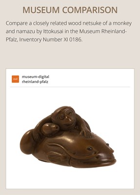 Lot 173 - ITTOKUSAI: A SUPERB WOOD NETSUKE OF A KAPPA AND NAMAZU (PARODY OF KADORI MYOJIN)