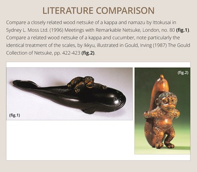 Lot 173 - ITTOKUSAI: A SUPERB WOOD NETSUKE OF A KAPPA AND NAMAZU (PARODY OF KADORI MYOJIN)