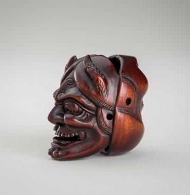 Lot 1437 - A FINE WOOD NETSUKE OF OKAME AND HANNYA MASKS