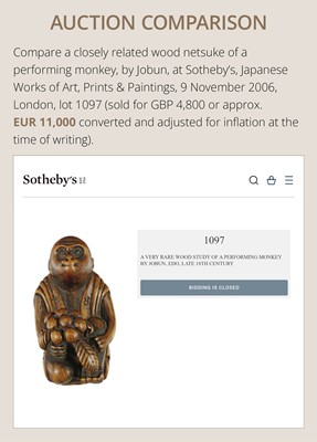 Lot 222 - JOBUN: A SUPERB WOOD NETSUKE OF A RECLINING MONKEY