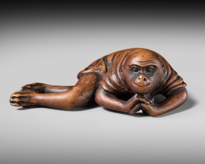 Lot 222 - JOBUN: A SUPERB WOOD NETSUKE OF A RECLINING MONKEY