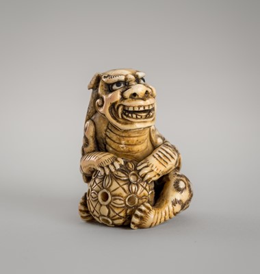 Lot 1306 - A MAMMOTH TUSK NETSUKE OF A SHISHI WITH BALL