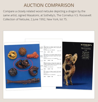 Lot 142 - MASATOMI: A RARE WOOD NETSUKE OF THE RAKAN HANDAKA SONJA AND HIS DRAGON