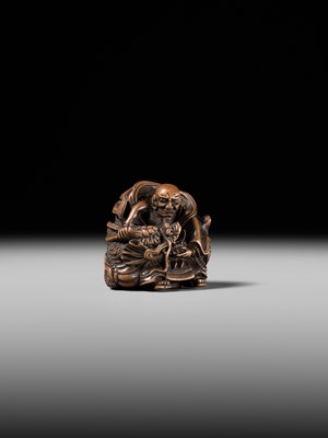 Lot 142 - MASATOMI: A RARE WOOD NETSUKE OF THE RAKAN HANDAKA SONJA AND HIS DRAGON