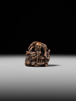 Lot 142 - MASATOMI: A RARE WOOD NETSUKE OF THE RAKAN HANDAKA SONJA AND HIS DRAGON