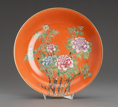 A CORAL RED GLAZED ‘PEONIES’ PORCELAIN DISH