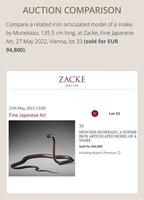 Lot 81 - MUNEYOSHI: A MASTERFUL AND LARGE IRON JIZAI OKIMONO OF A SNAKE