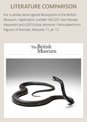 Lot 81 - MUNEYOSHI: A MASTERFUL AND LARGE IRON JIZAI OKIMONO OF A SNAKE