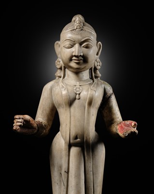 Lot 338 - A LARGE AND RARE MARBLE FIGURE OF A JAIN YAKSHINI, GUJARAT, CIRCA 15TH CENTURY