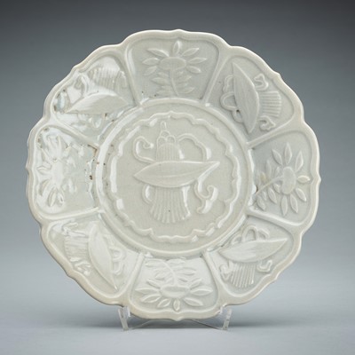 Lot 1742 - A QINGBAI GLAZE LOBED DISH WITH CARVED DECORATION, c.1900s