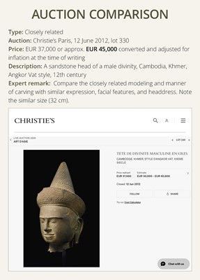 Lot 259 - A SANDSTONE HEAD OF A MALE DIVINITY, ANGKOR WAT STYLE, 12TH CENTURY