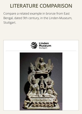 Lot 334 - A BLACK STONE STELE DEPICTING AN ENTHRONED MAHAVIRA ATTENDED BY A YAKSHA AND YAKSHI, PALA PERIOD, 11TH-12TH CENTURY
