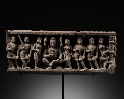 Lot 621 - A SANDSTONE LINTEL DEPICTING SHIVA WITH ATTENDANT DEITIES, CENTRAL INDIA