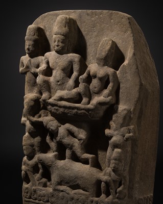 Lot 420 - A SANDSTONE RELIEF OF UMAMAHESHVARA, PRAKHON CHAI, 8TH CENTURY