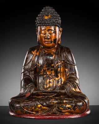 Lot 456 - A MASSIVE GILT-LACQUERED WOOD FIGURE OF BUDDHA, VIETNAM, 17TH-18TH CENTURY