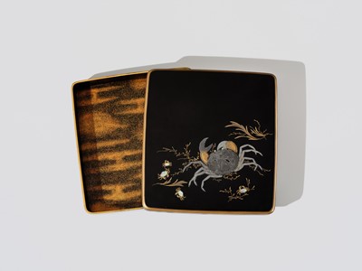 Lot 230 - SOETSU AND KYUHAKU: A FINE INLAID LACQUER SUZURIBAKO (WRITING BOX) WITH CRABS