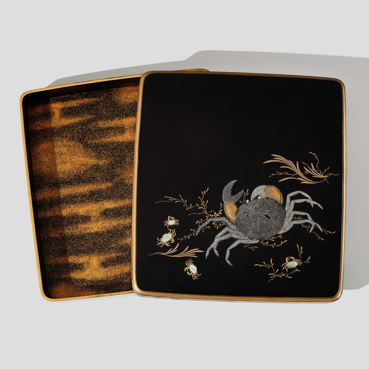 Lot 230 - SOETSU AND KYUHAKU: A FINE INLAID LACQUER SUZURIBAKO (WRITING BOX) WITH CRABS