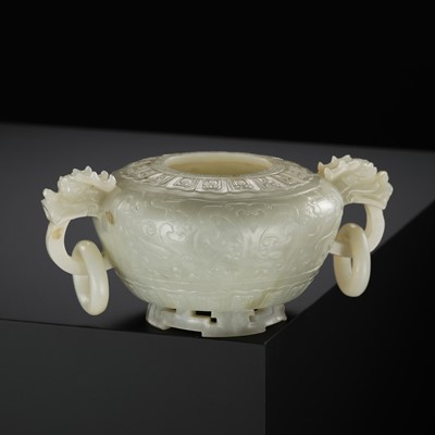 Lot 108 - A PALE CELADON JADE WATER POT WITH INTEGRAL STAND, 18TH-19TH CENTURY