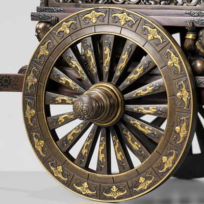 Lot 39 - A LARGE AND IMPRESSIVE MIYAO STYLE BRONZE FIGURE OF A KARAKO PULLING A HANAGURUMA (FLOWER CART)