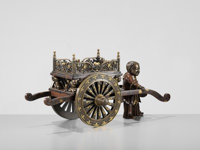 Lot 39 - A LARGE AND IMPRESSIVE MIYAO STYLE BRONZE FIGURE OF A KARAKO PULLING A HANAGURUMA (FLOWER CART)