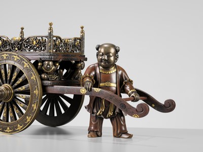 Lot 39 - A LARGE AND IMPRESSIVE MIYAO STYLE BRONZE FIGURE OF A KARAKO PULLING A HANAGURUMA (FLOWER CART)