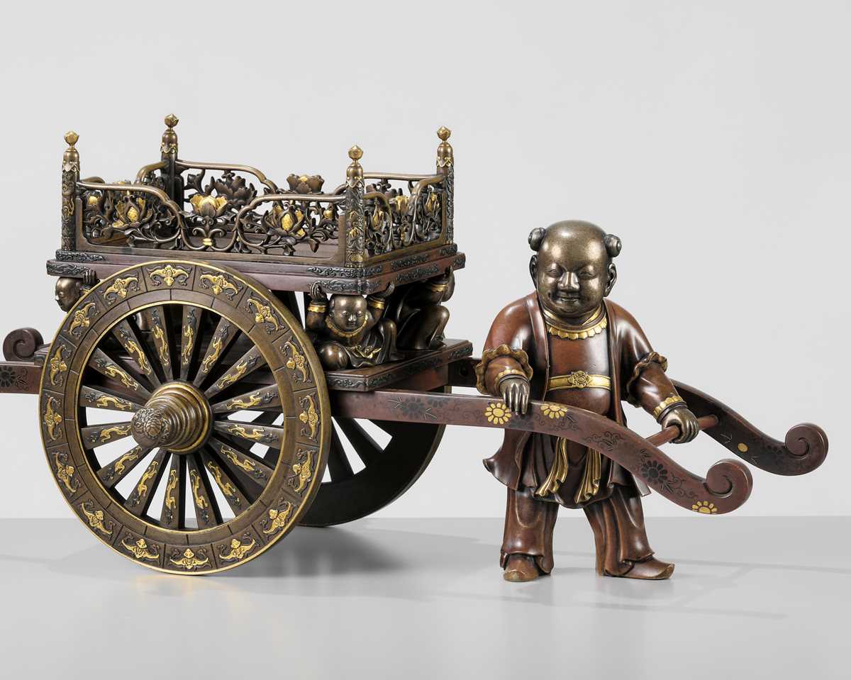 Lot 39 - A LARGE AND IMPRESSIVE MIYAO STYLE BRONZE FIGURE OF A KARAKO PULLING A HANAGURUMA (FLOWER CART)