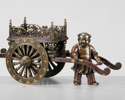 Lot 14 - A LARGE AND IMPRESSIVE MIYAO-STYLE BRONZE FIGURE OF A KARAKO PULLING A HANAGURUMA (FLOWER CART)