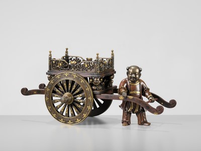 Lot 39 - A LARGE AND IMPRESSIVE MIYAO STYLE BRONZE FIGURE OF A KARAKO PULLING A HANAGURUMA (FLOWER CART)