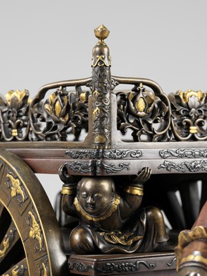 Lot 39 - A LARGE AND IMPRESSIVE MIYAO STYLE BRONZE FIGURE OF A KARAKO PULLING A HANAGURUMA (FLOWER CART)