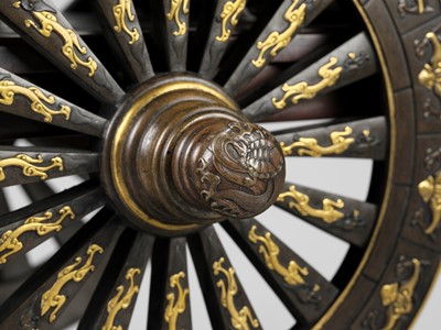 Lot 39 - A LARGE AND IMPRESSIVE MIYAO STYLE BRONZE FIGURE OF A KARAKO PULLING A HANAGURUMA (FLOWER CART)