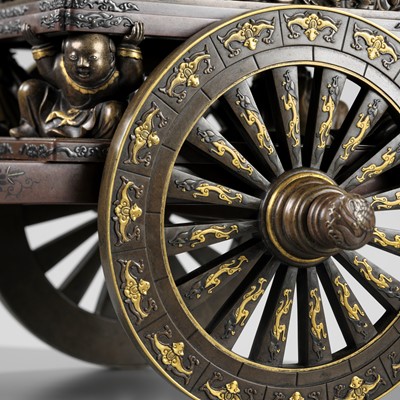 Lot 39 - A LARGE AND IMPRESSIVE MIYAO STYLE BRONZE FIGURE OF A KARAKO PULLING A HANAGURUMA (FLOWER CART)