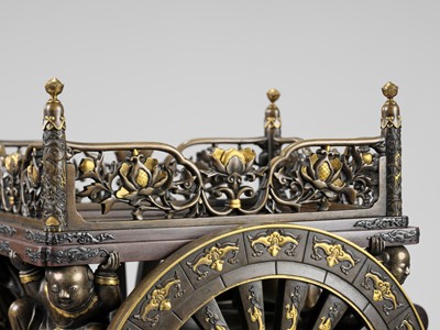 Lot 39 - A LARGE AND IMPRESSIVE MIYAO STYLE BRONZE FIGURE OF A KARAKO PULLING A HANAGURUMA (FLOWER CART)