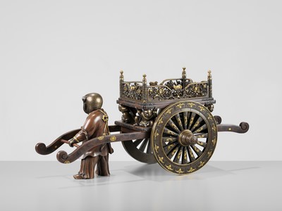 Lot 39 - A LARGE AND IMPRESSIVE MIYAO STYLE BRONZE FIGURE OF A KARAKO PULLING A HANAGURUMA (FLOWER CART)