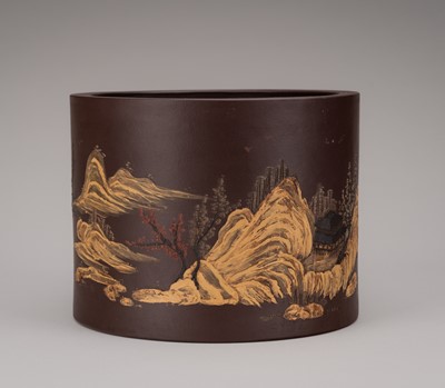 Lot 980 - A YIXING ZISHA BRUSH POT WITH AN EXPRESSIVE LAKE SCENE