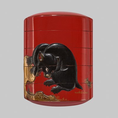 Lot 416 - A FINE LACQUER FOUR-CASE INRO WITH BEARS AND CRABS