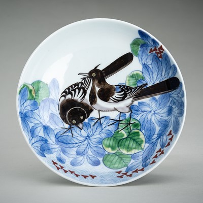 Lot 196 - A NABESHIMA PORCELAIN DISH WITH WAGTAILS