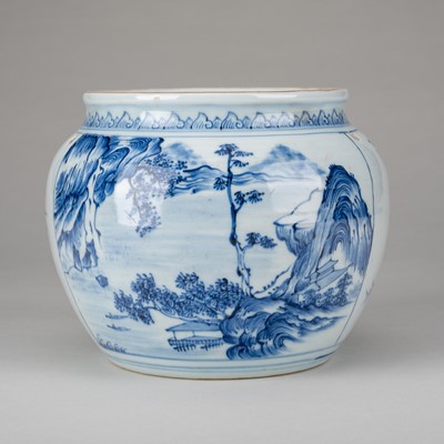 Lot 889 - A BLUE AND WHITE PORCELAIN JAR WITH LAKE AND MOUNTAIN LANDSCAPE, KANGXI PERIOD