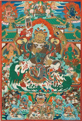 Lot 682 - A THANGKA DEPICTING KUBERA (VAISHRAVANA), TIBET, 1900s