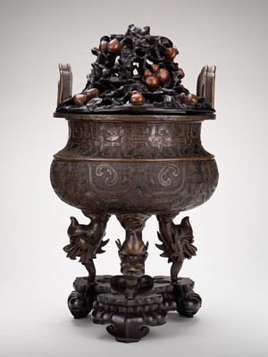 Lot 705 - A LARGE BRONZE TRIPOD CENSER WITH OPENWORK COVER, 19TH CENTURY