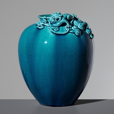 Lot 291 - A FINE TURQUOISE-GLAZED ‘CHILONG’ VASE, PANLONG PING, QING