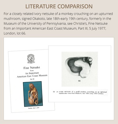 A SUPERB IVORY NETSUKE OF A MONKEY ON AN UPTURNED MUSHROOM, ATTRIBUTED TO OKATOMO