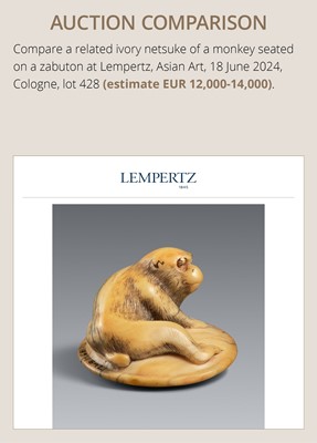 A SUPERB IVORY NETSUKE OF A MONKEY ON AN UPTURNED MUSHROOM, ATTRIBUTED TO OKATOMO